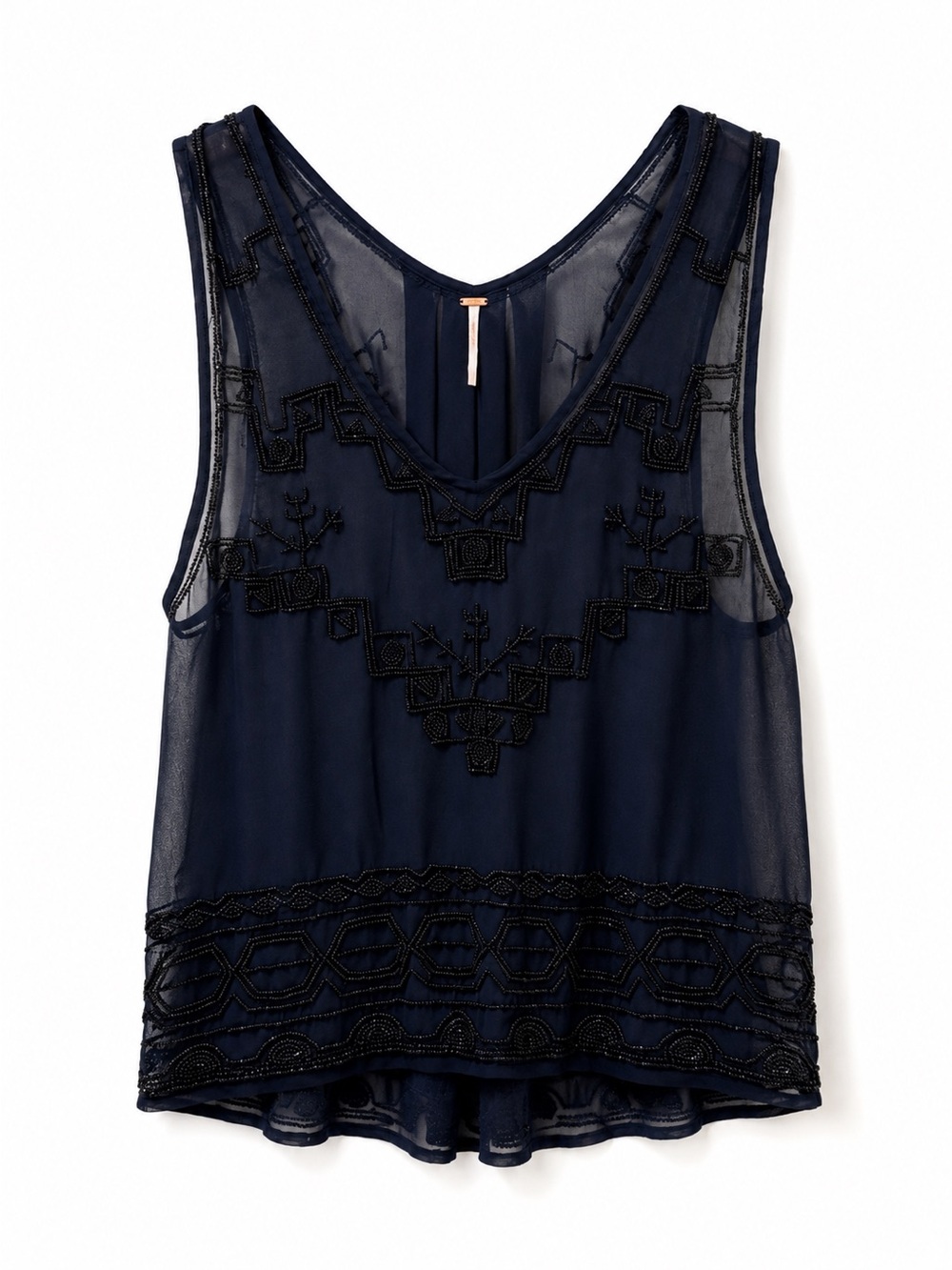 Free People Run With It Embellished Sheer Beaded Tank Navy Chiffon Boho Top L - Picture 2 of 8